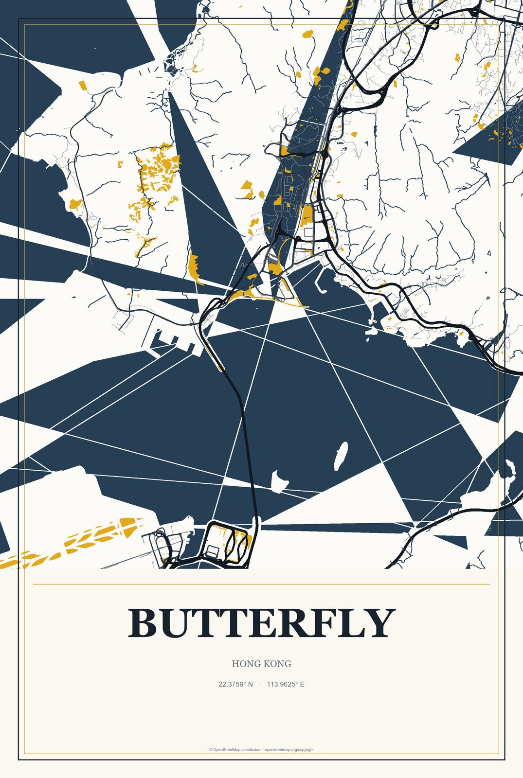 Butterfly, Hong Kong City Map Aluminum Sign in Citrine Modern style