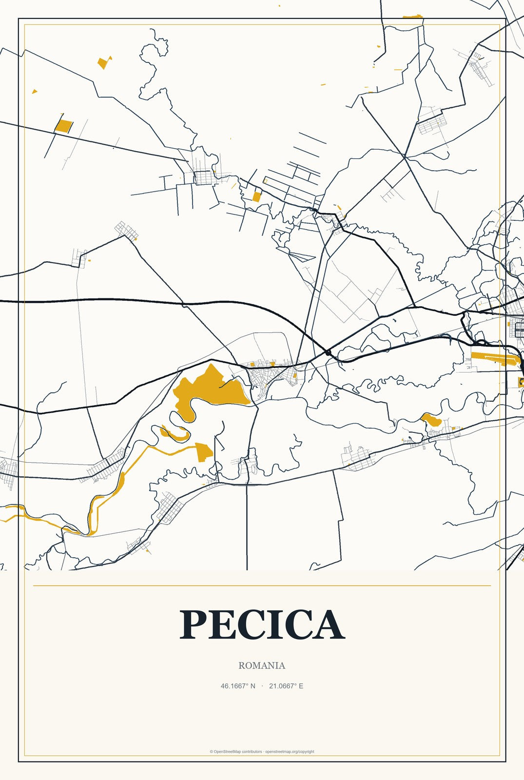 Pecica, Romania City Map Aluminum Sign in Citrine Modern style