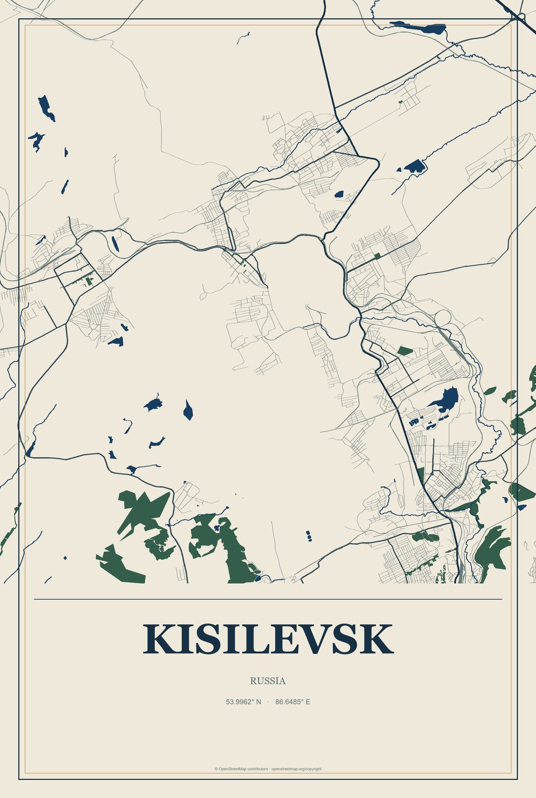 Kisilevsk, Russia City Map Aluminum Sign in Coastal Cutout style