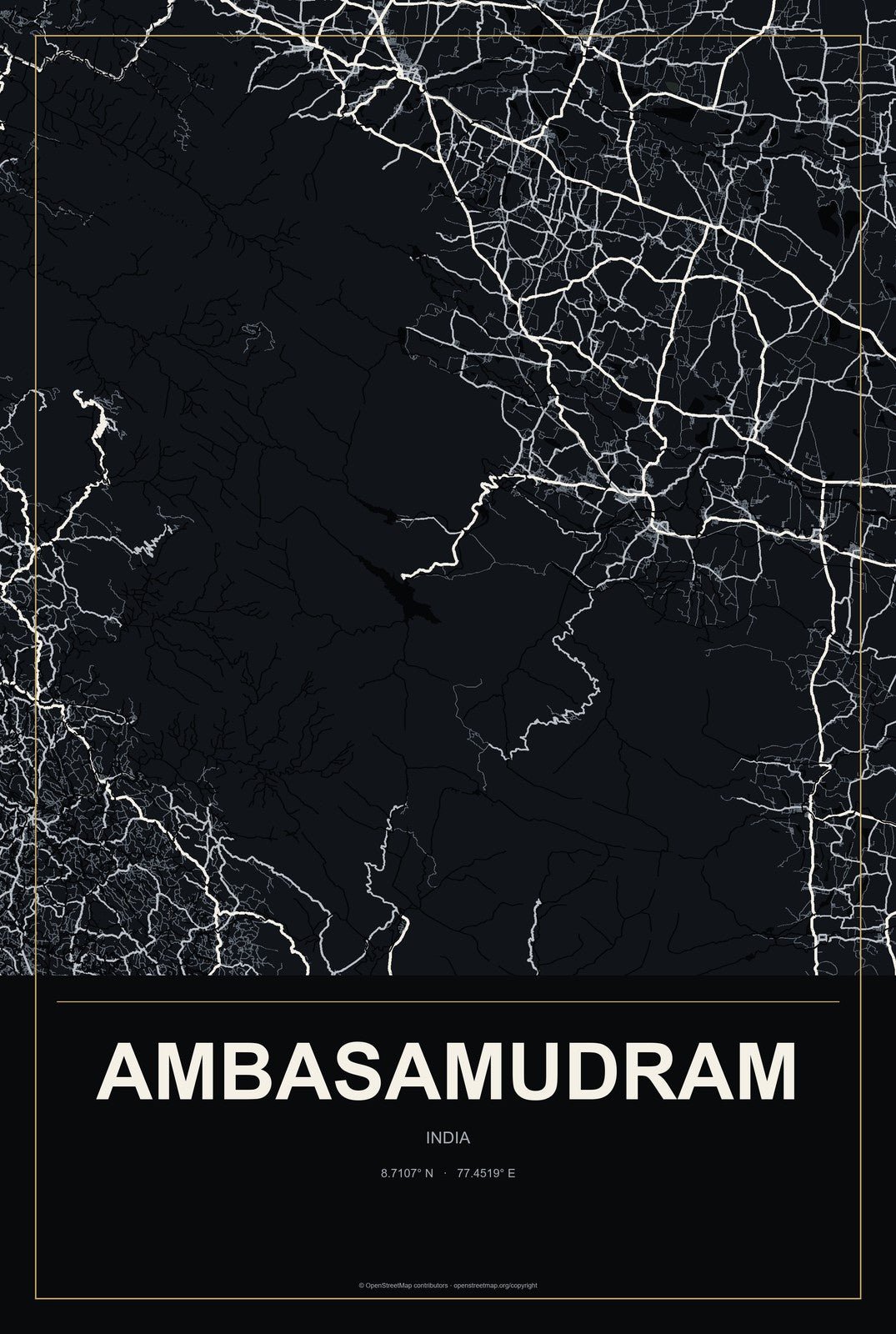 Ambasamudram, India City Map Aluminum Sign in Metropolitan Noir style