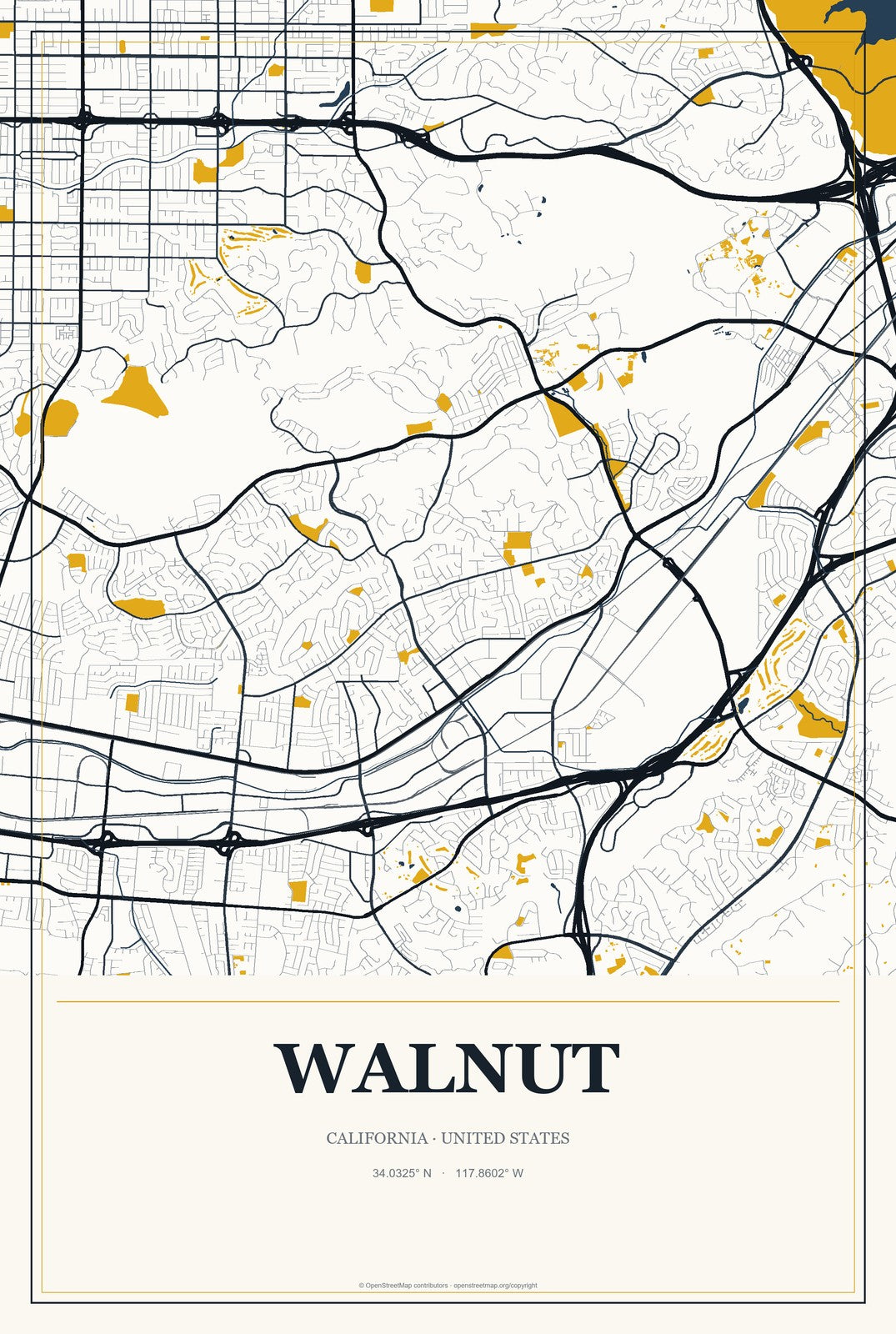 Walnut, California City Map Aluminum Sign in Citrine Modern style