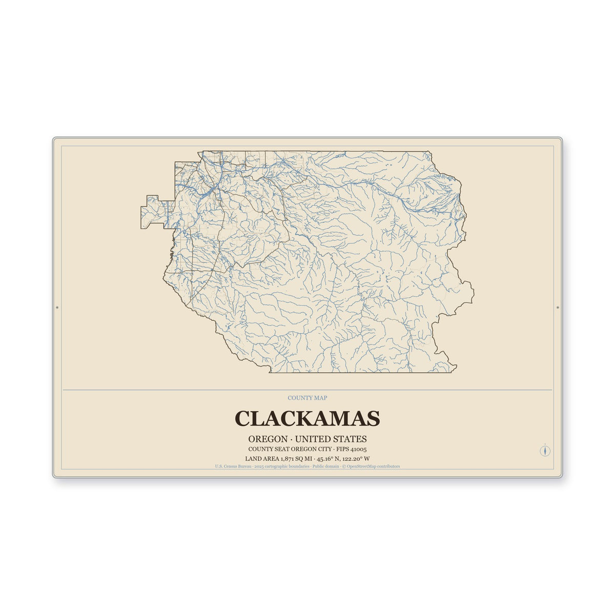 Clackamas County, Oregon Map Aluminum Sign in Heritage Nautical style