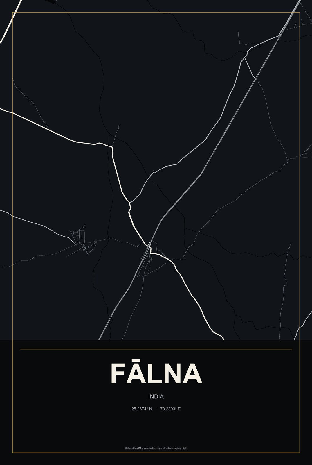Fālna, India City Map Aluminum Sign in Metropolitan Noir style