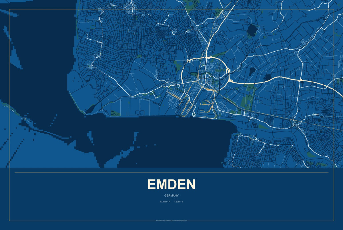 Emden, Germany City Map Aluminum Sign in Harbor Cobalt style