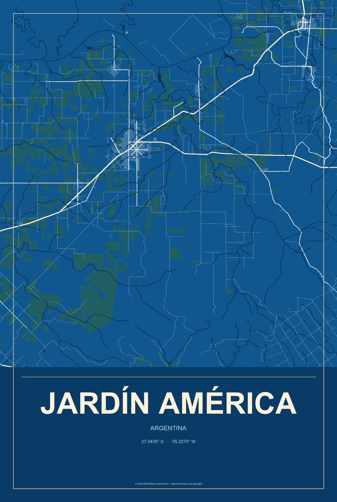 Jardín América, Argentina City Map Aluminum Sign in Harbor Cobalt style