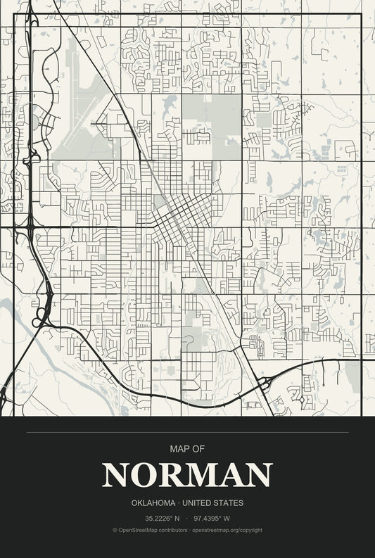 Norman, Oklahoma City Map Aluminum Sign in Museum Plaque style