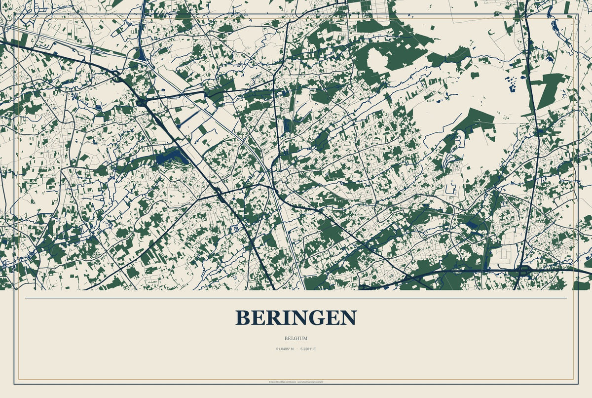 Beringen, Belgium City Map Aluminum Sign in Coastal Cutout style