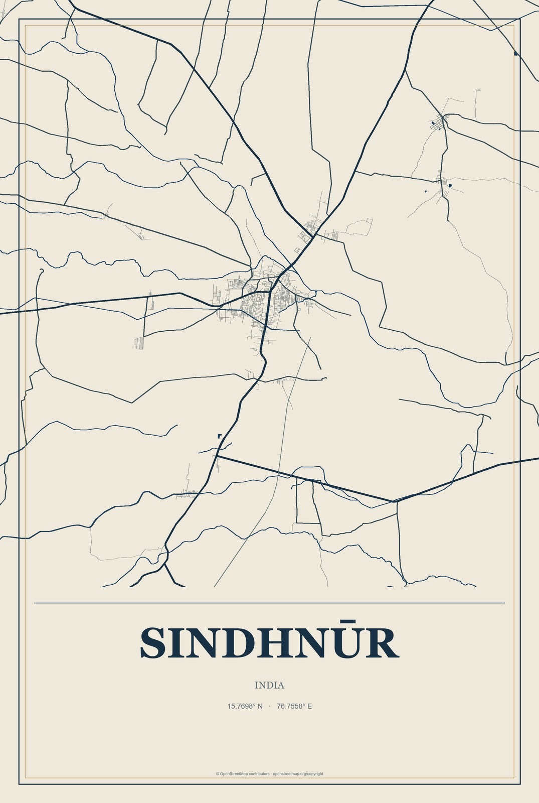 Sindhnūr, India City Map Aluminum Sign in Coastal Cutout style