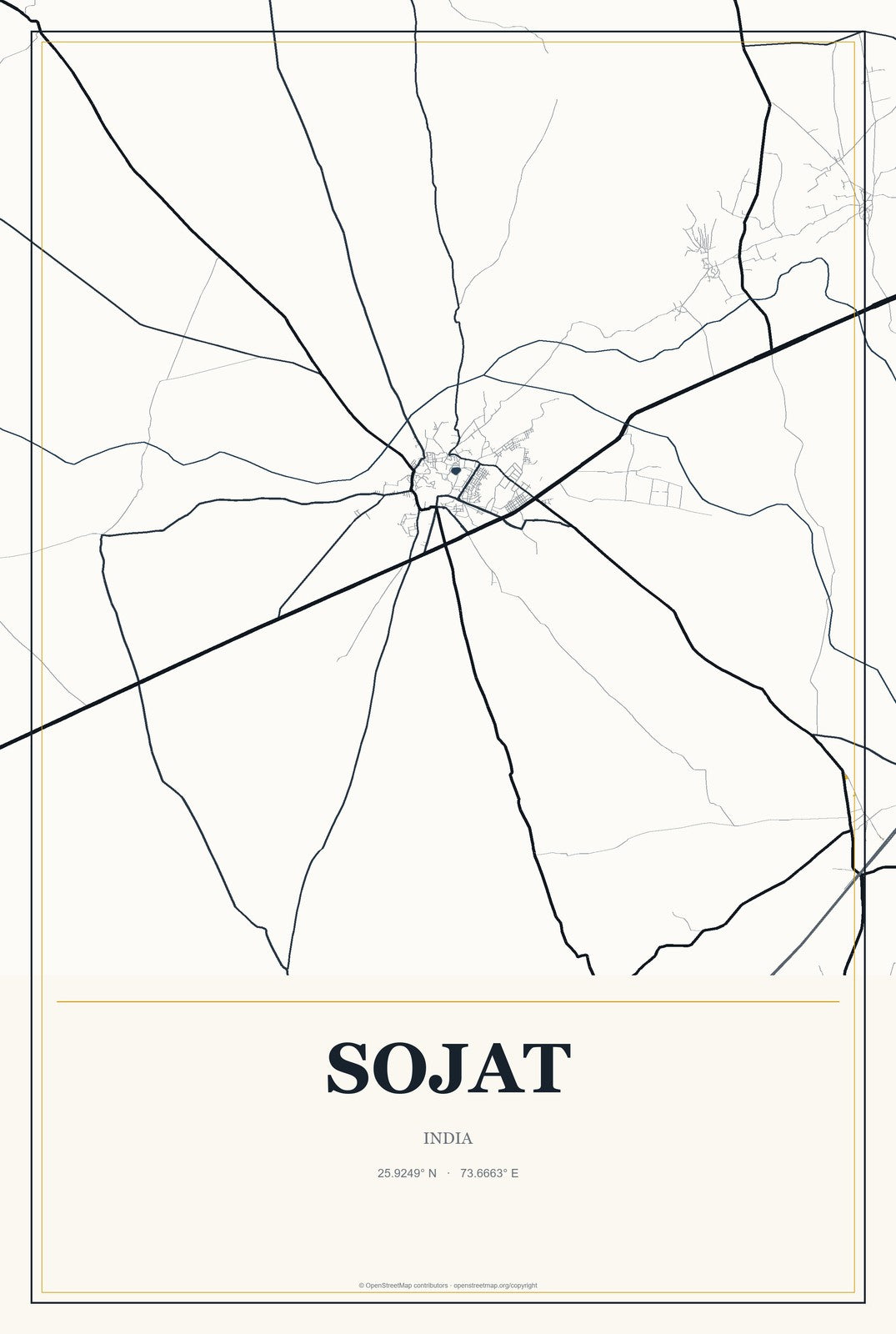 Sojat, India City Map Aluminum Sign in Citrine Modern style