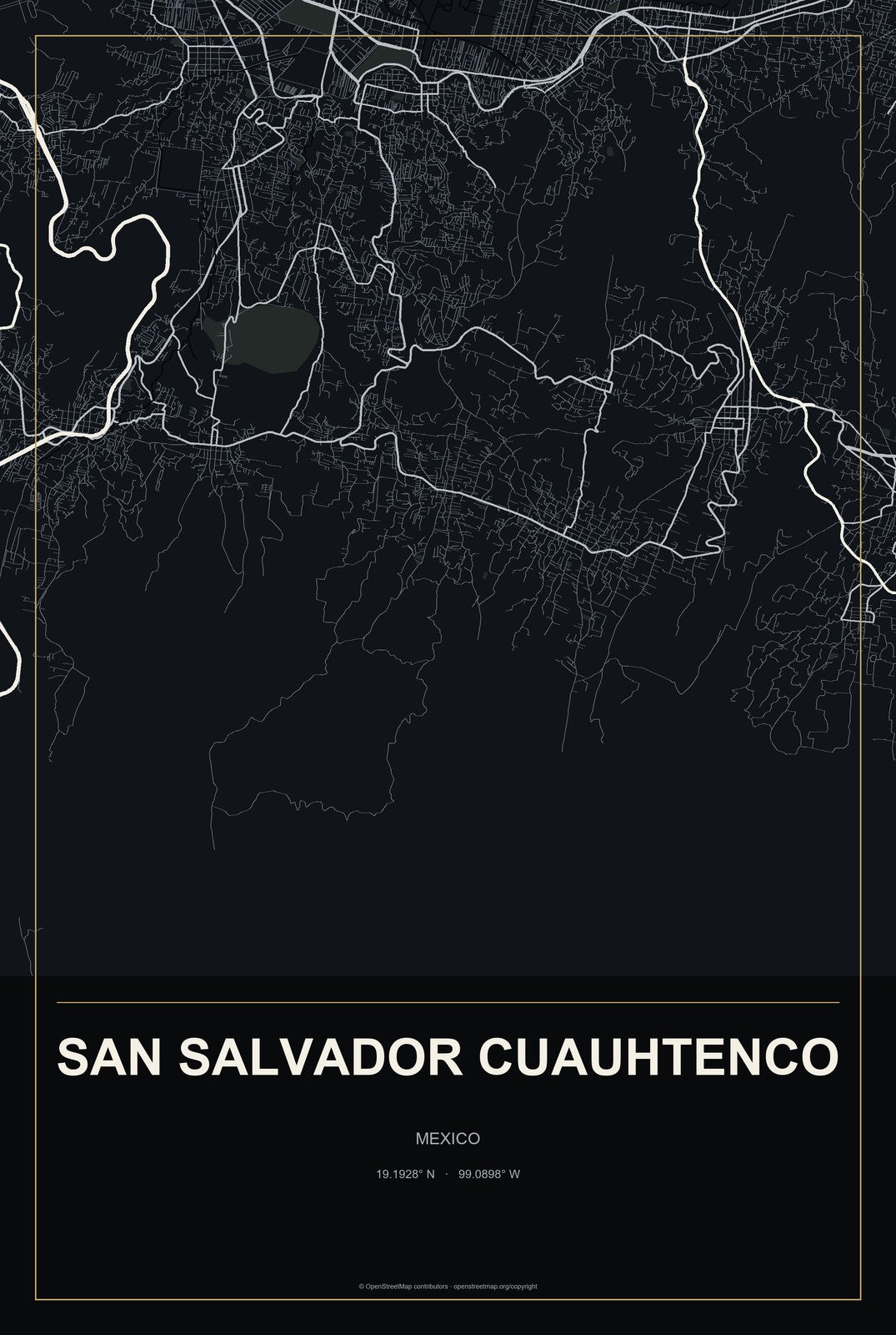 San Salvador Cuauhtenco, Mexico City Map Aluminum Sign in Metropolitan Noir style