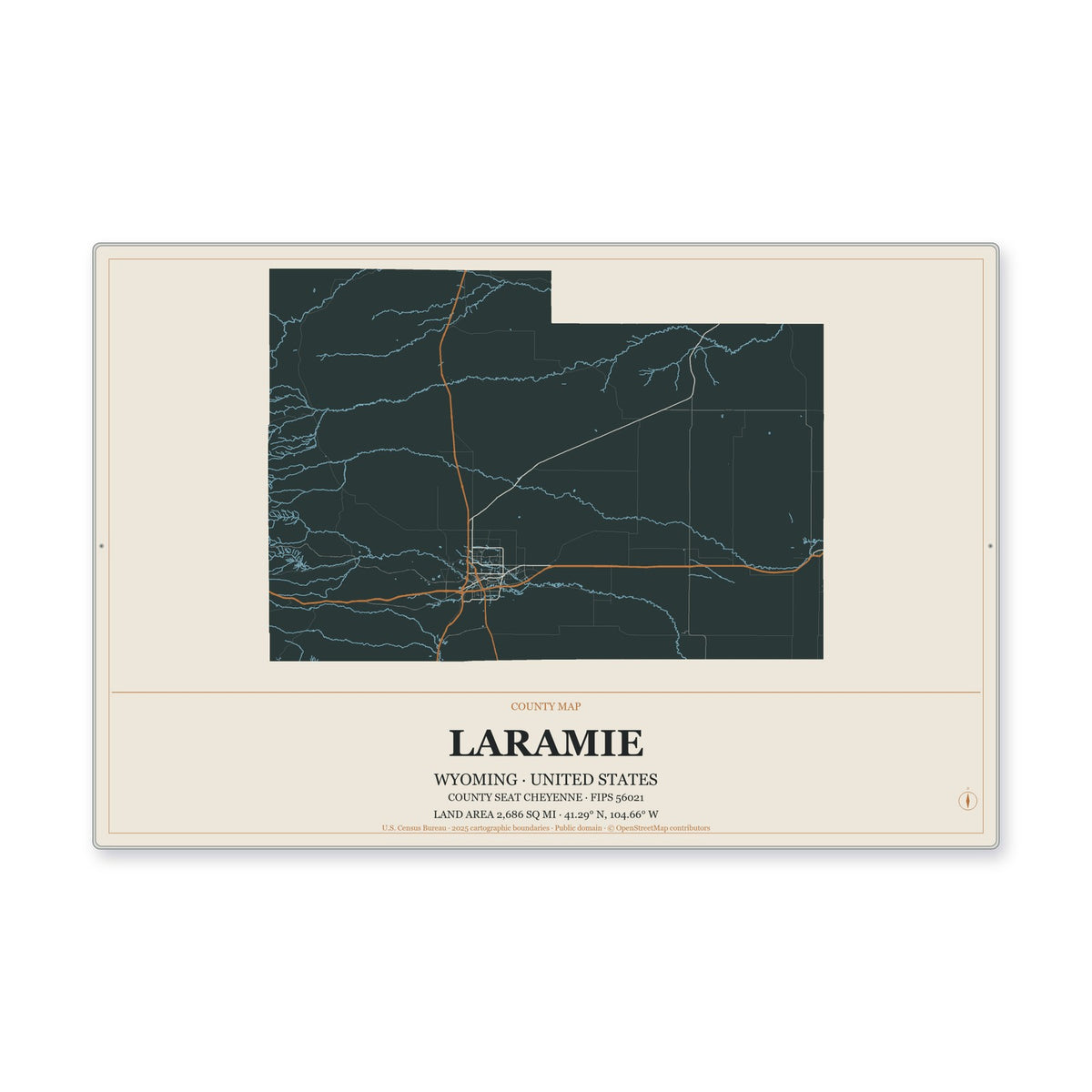 Laramie County, Wyoming Map Aluminum Sign in Headline Atlas style