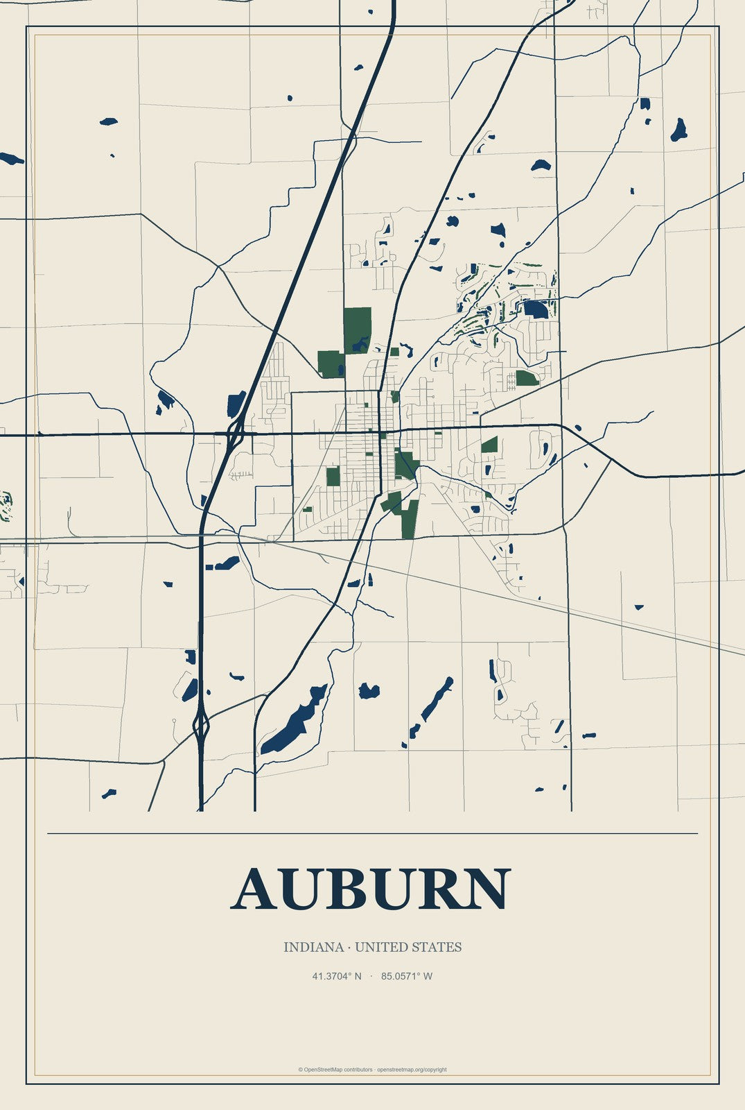 Auburn, Indiana City Map Aluminum Sign in Coastal Cutout style