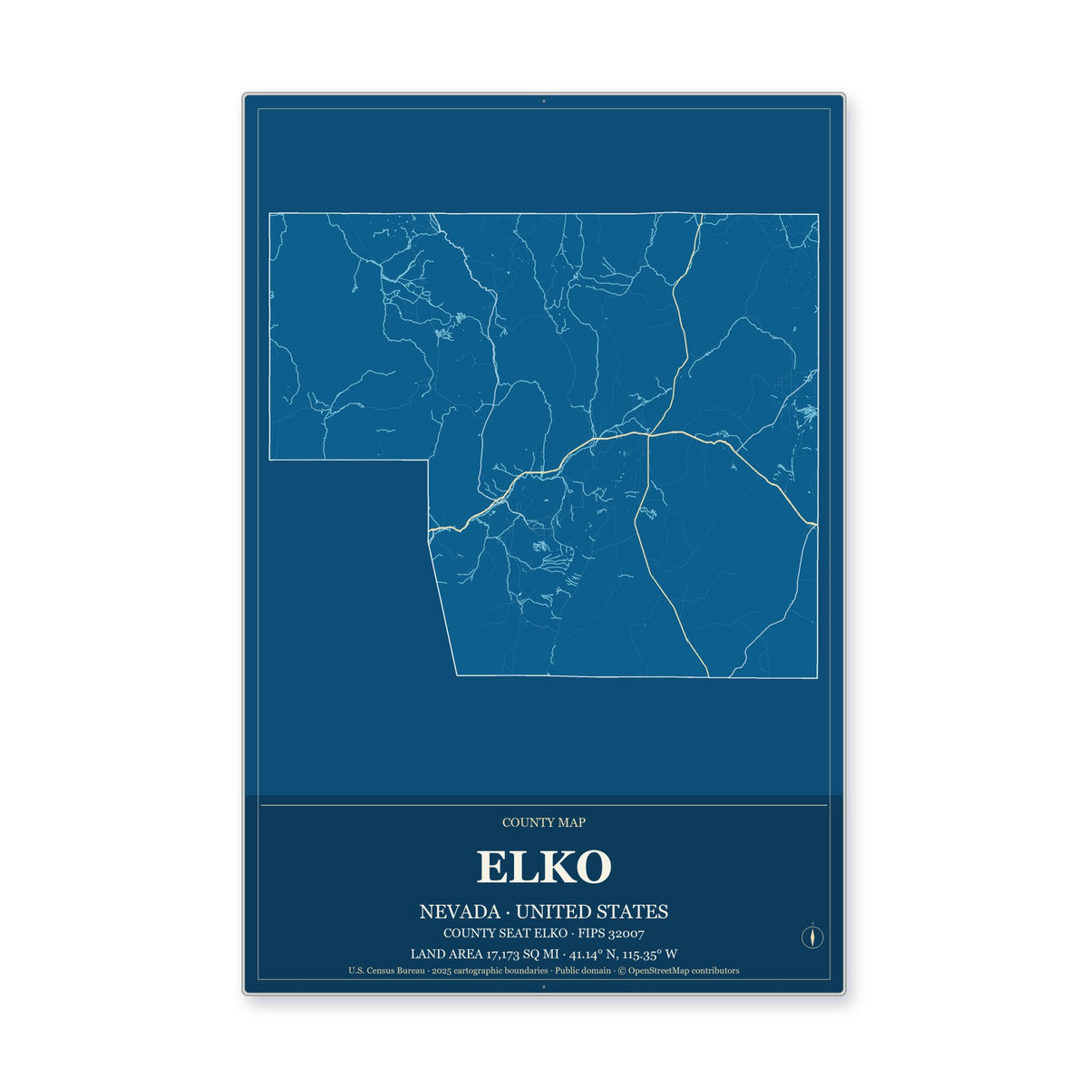 Elko County, Nevada Map Aluminum Sign in Harbor Cobalt style