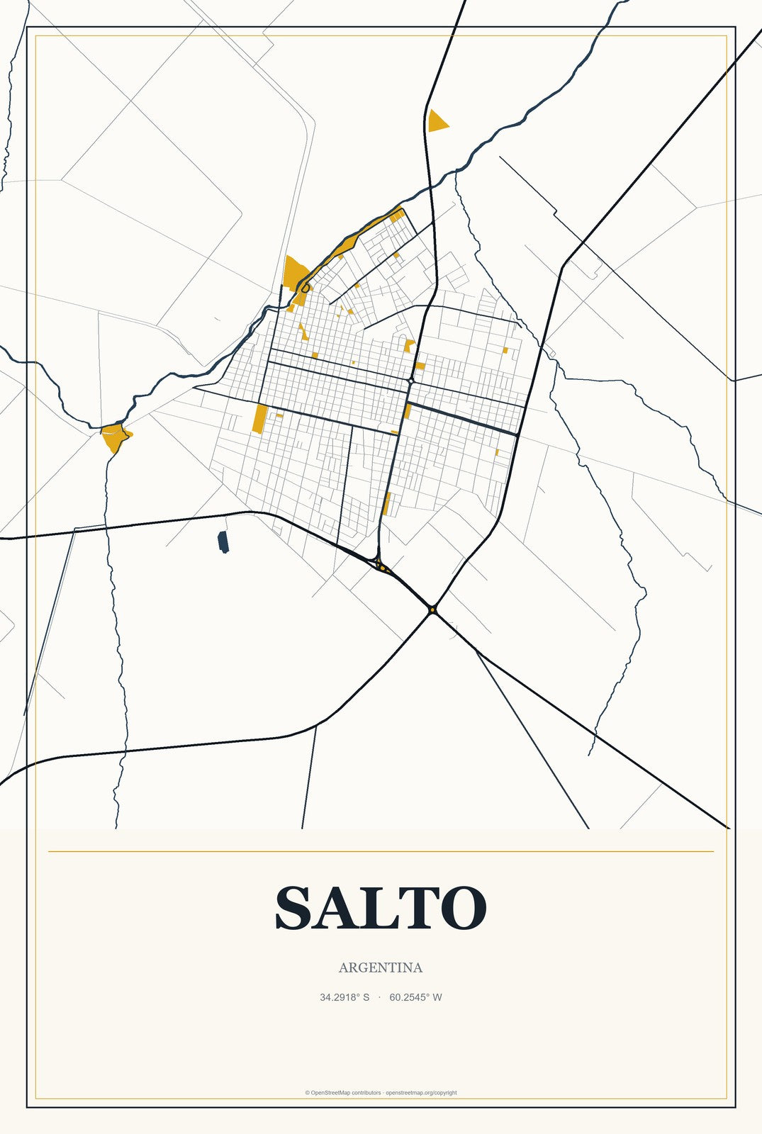 Salto, Argentina City Map Aluminum Sign in Citrine Modern style