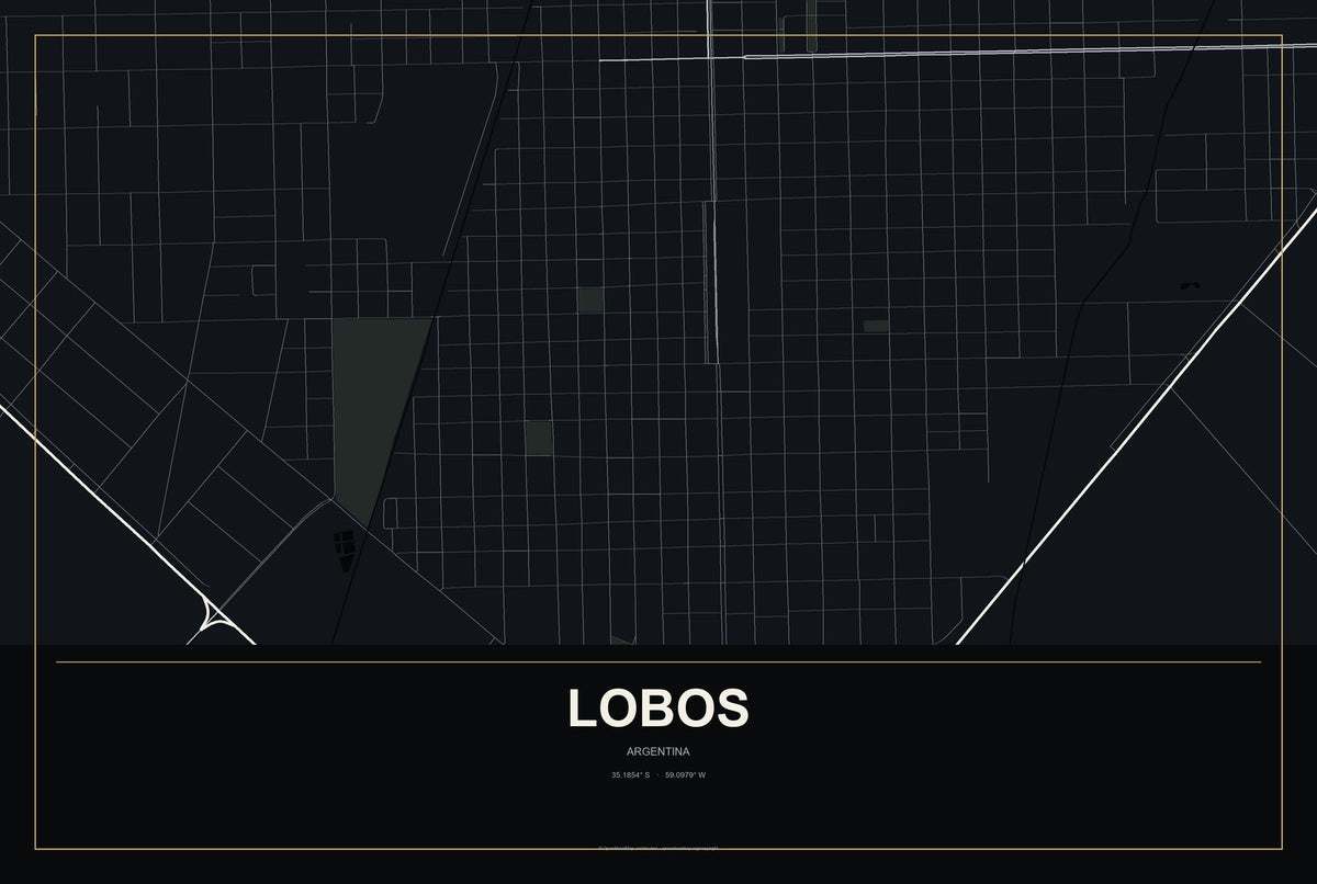 Lobos, Argentina City Map Aluminum Sign in Metropolitan Noir style