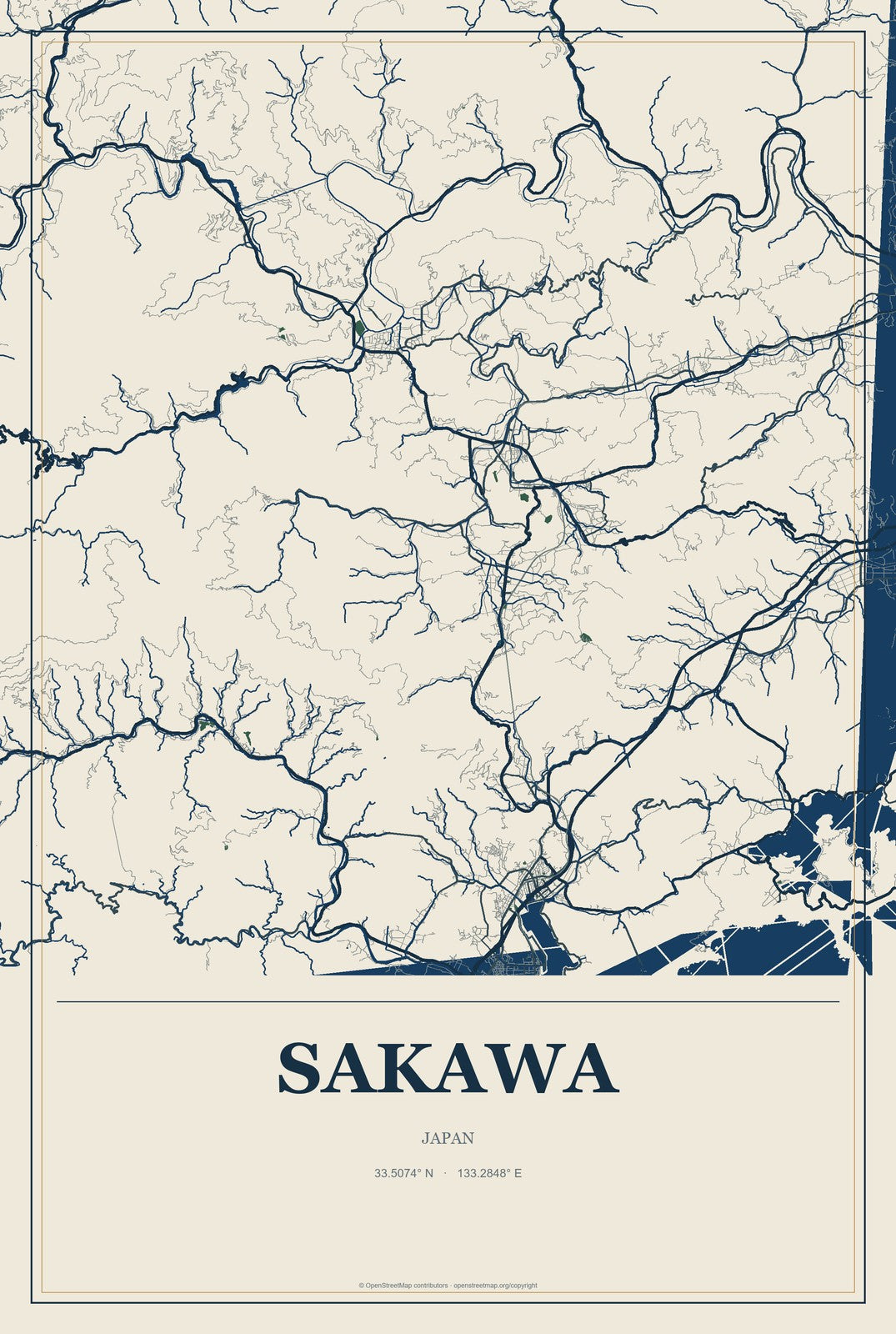 Sakawa, Japan City Map Aluminum Sign in Coastal Cutout style