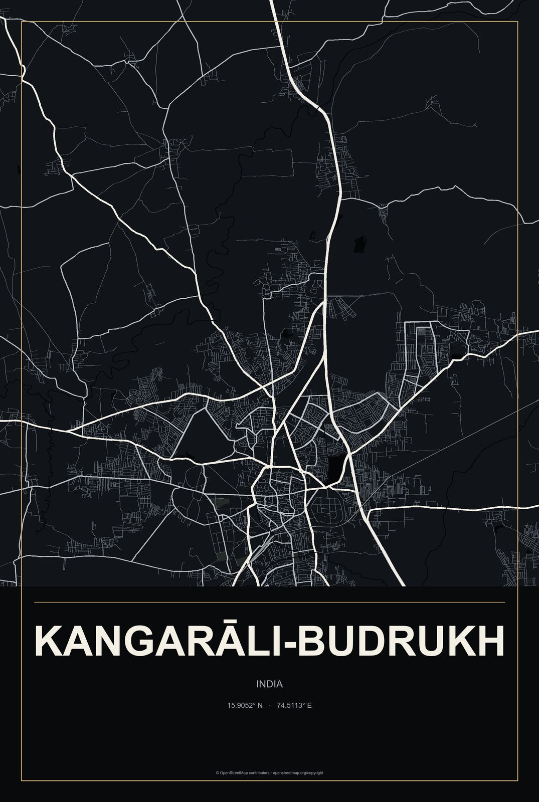 Kangarāli-budrukh, India City Map Aluminum Sign in Metropolitan Noir style