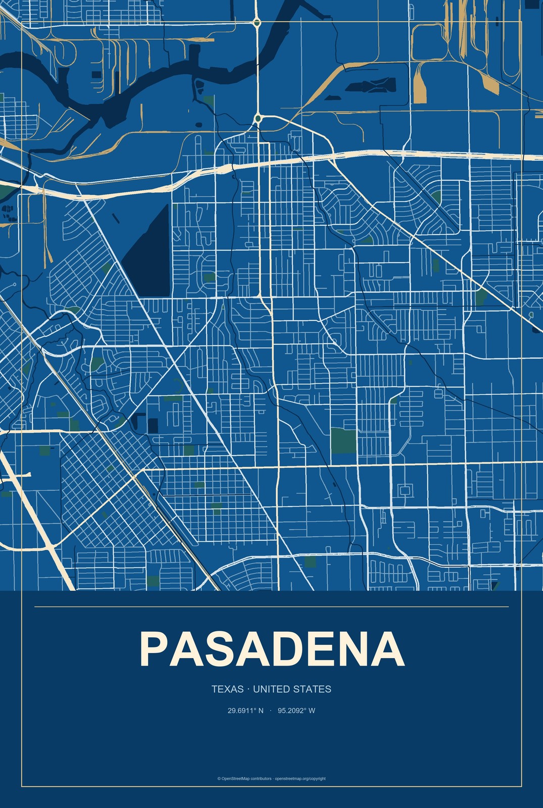 Pasadena, Texas City Map Aluminum Sign in Harbor Cobalt style