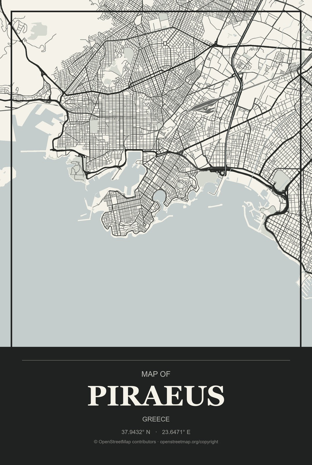 Piraeus, Greece City Map Aluminum Sign in Museum Plaque style
