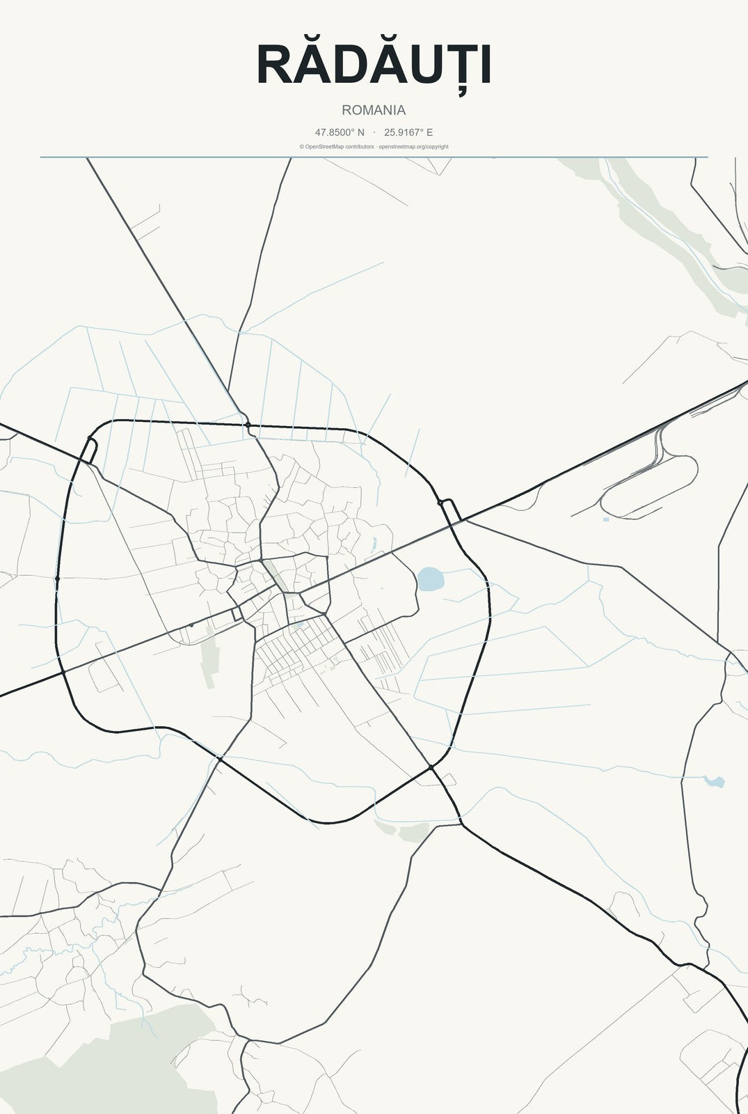 Rădăuți, Romania City Map Aluminum Sign in Headline Atlas style