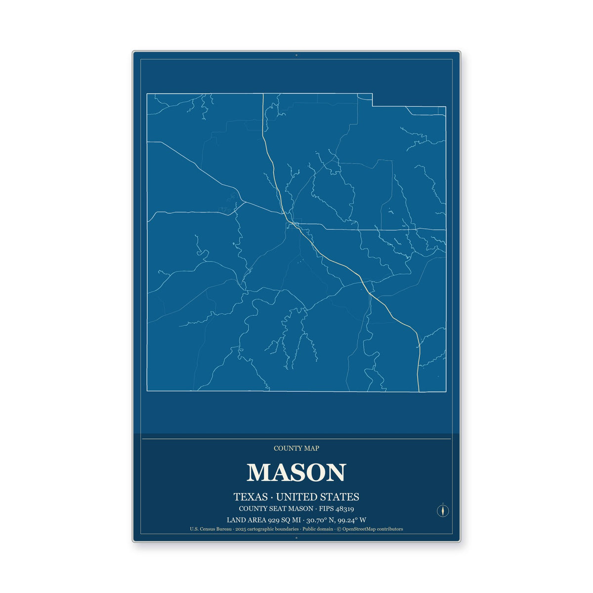Mason County, Texas Map Aluminum Sign in Harbor Cobalt style