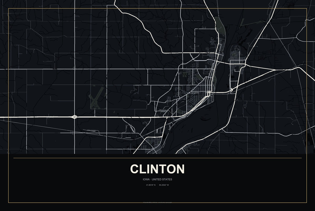 Clinton, Iowa City Map Aluminum Sign in Metropolitan Noir style