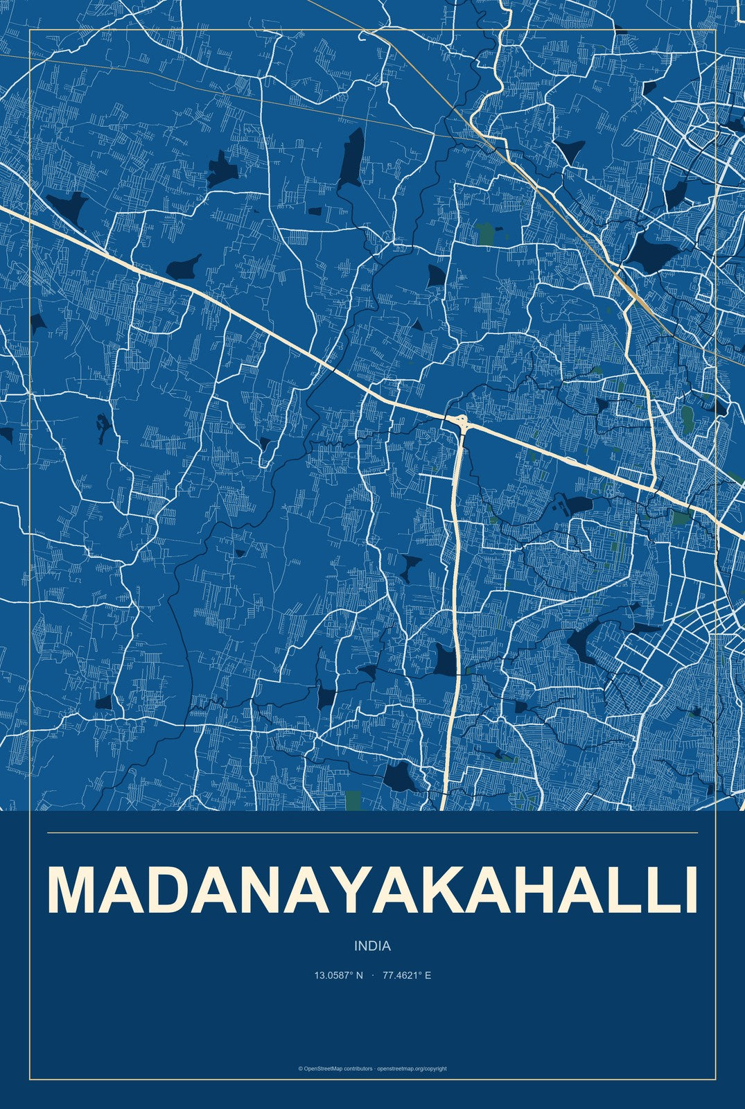 Madanayakahalli, India City Map Aluminum Sign in Harbor Cobalt style