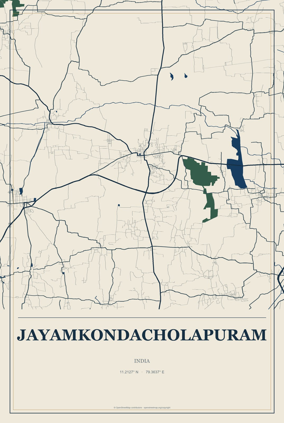 Jayamkondacholapuram, India City Map Aluminum Sign in Coastal Cutout style