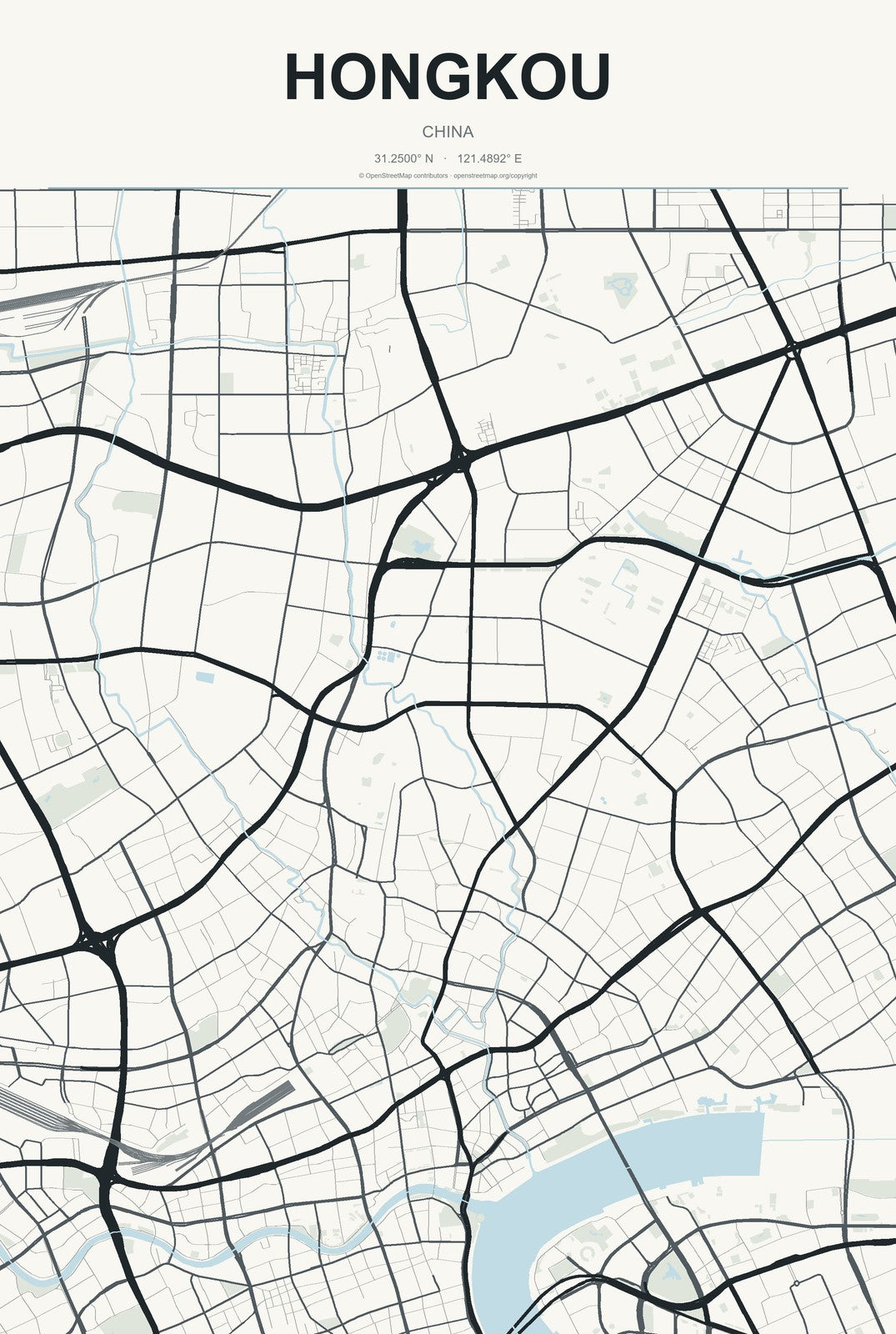 Hongkou, China City Map Aluminum Sign in Headline Atlas style