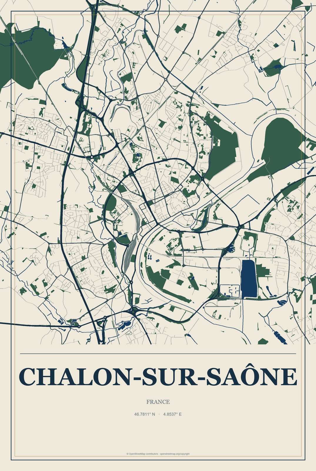 Chalon-sur-Saône, France City Map Aluminum Sign in Coastal Cutout style