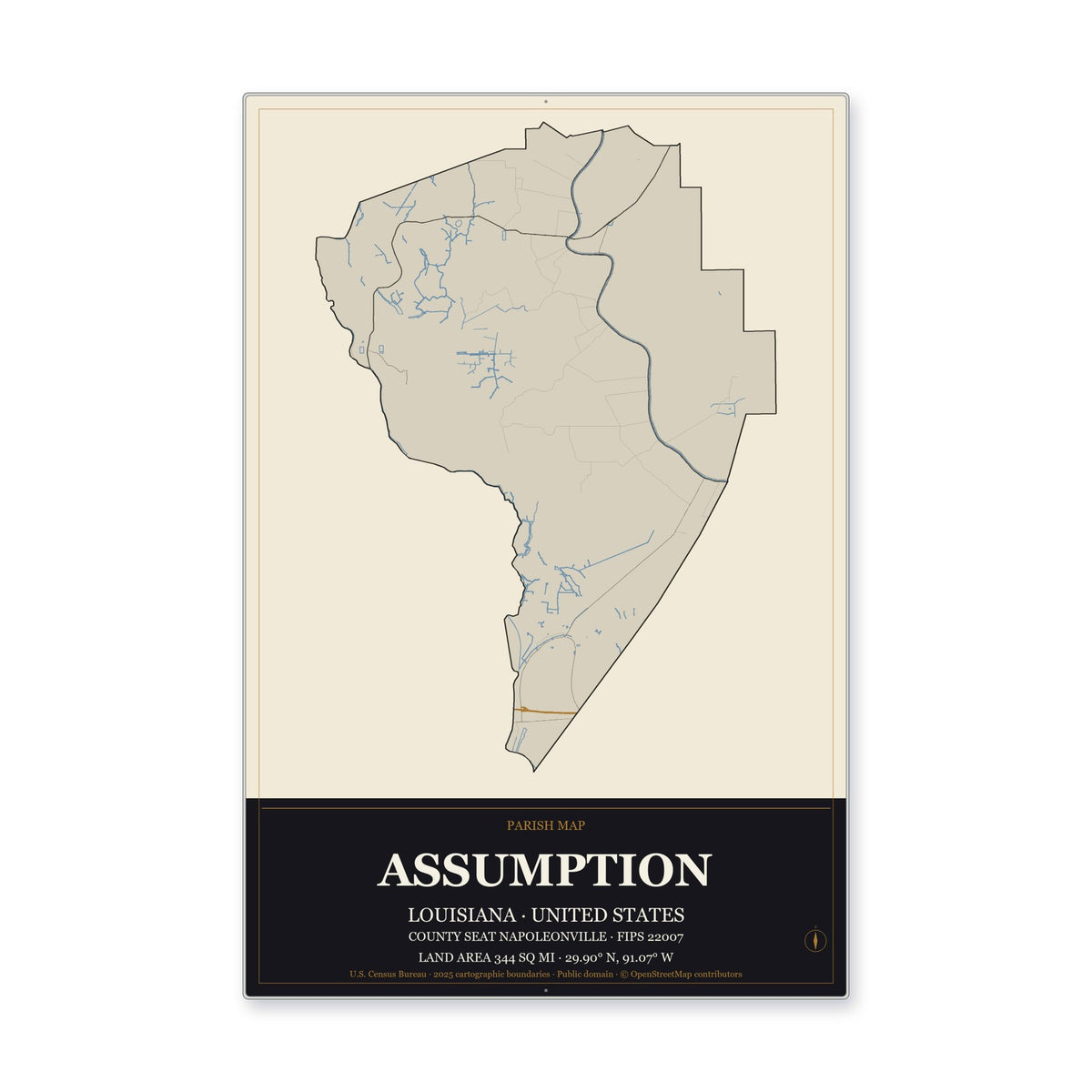 Assumption Parish, Louisiana Map Aluminum Sign in Museum Plaque style