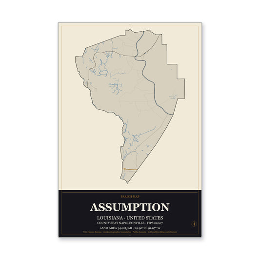 Assumption Parish, Louisiana Map Aluminum Sign in Museum Plaque style