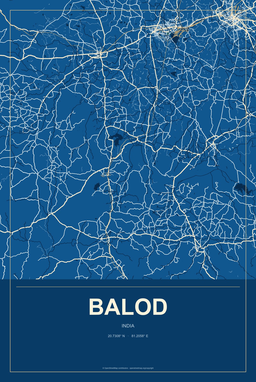Balod, India City Map Aluminum Sign in Harbor Cobalt style
