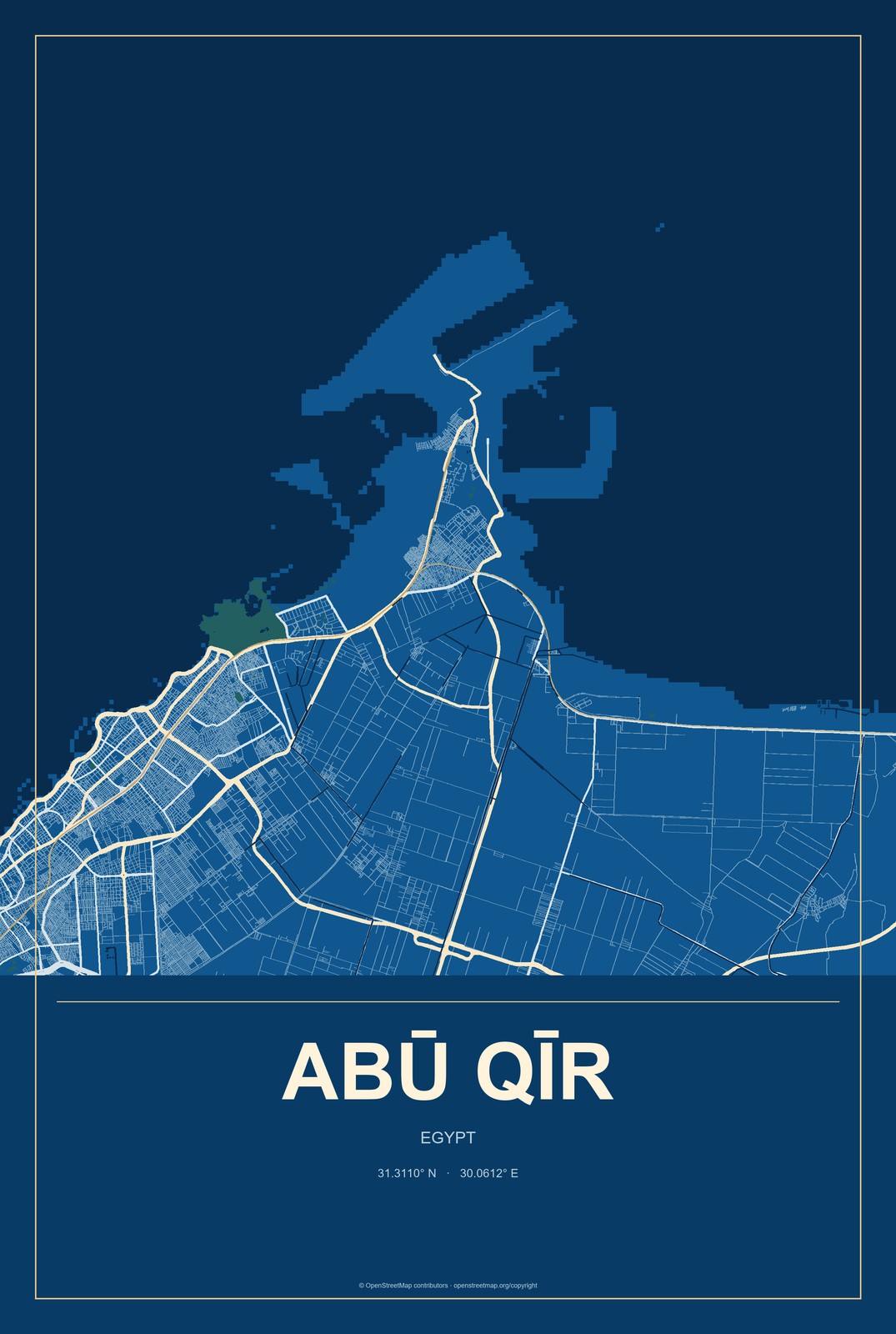 Abū Qīr, Egypt City Map Aluminum Sign in Harbor Cobalt style