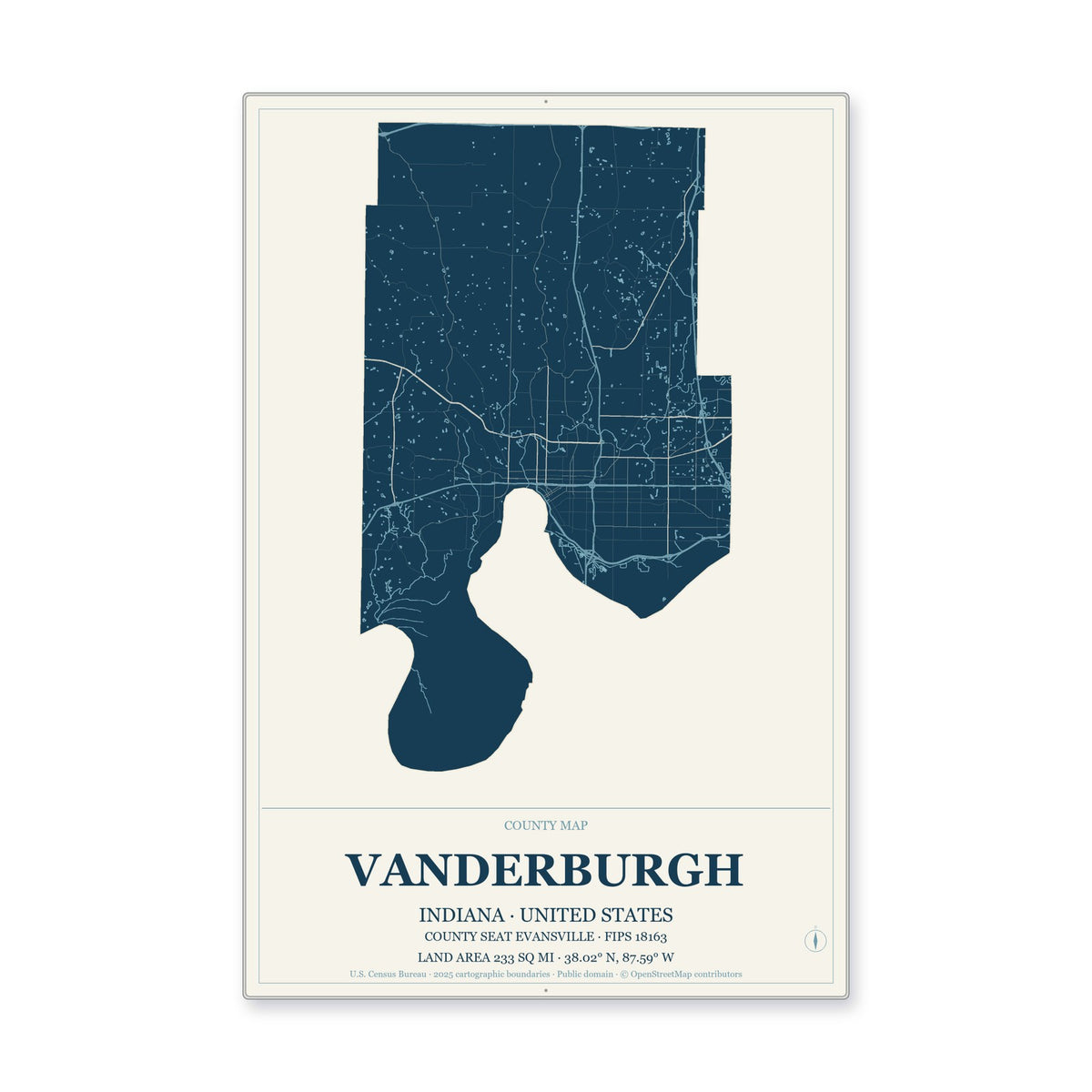 Vanderburgh County, Indiana Map Aluminum Sign in Coastal Cutout style