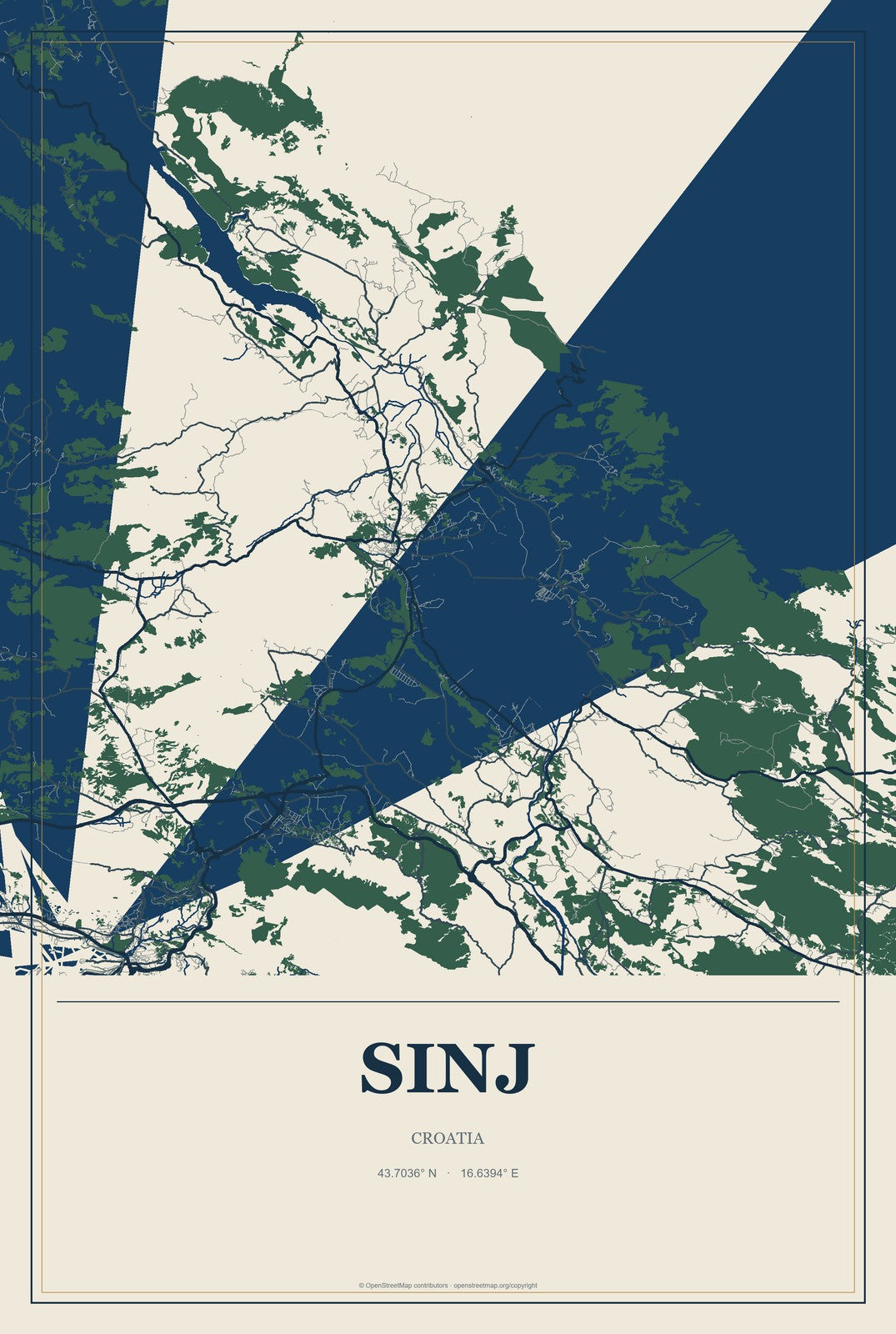 Sinj, Croatia City Map Aluminum Sign in Coastal Cutout style