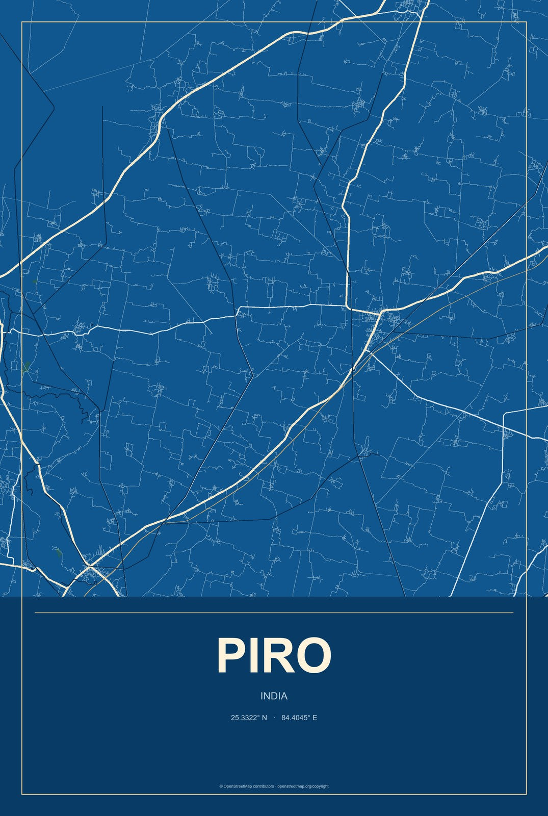 Piro, India City Map Aluminum Sign in Harbor Cobalt style