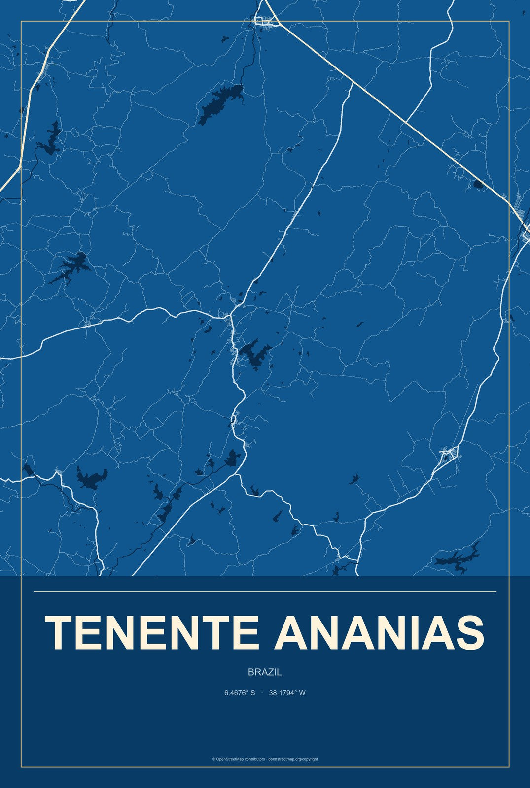 Tenente Ananias, Brazil City Map Aluminum Sign in Harbor Cobalt style