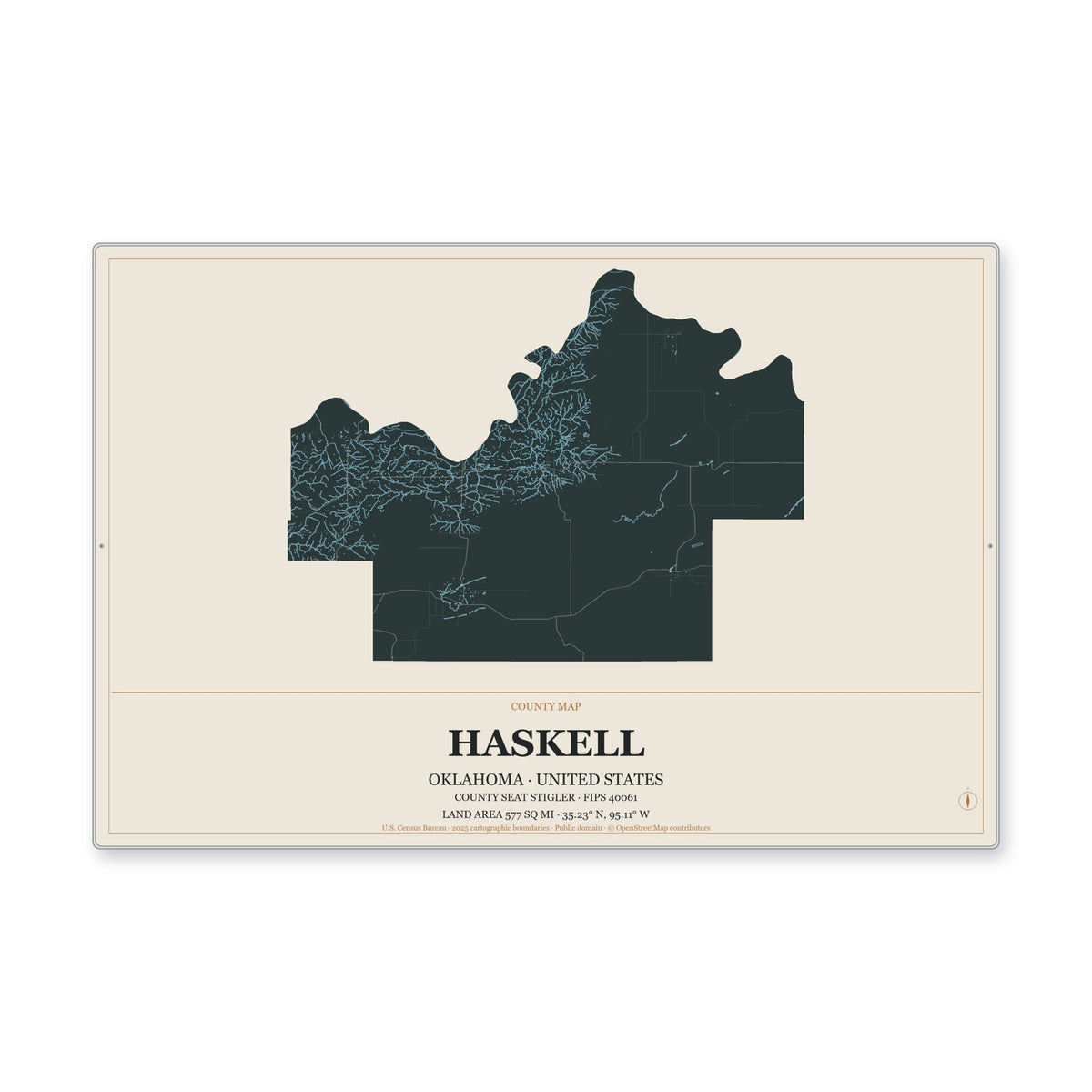 Haskell County, Oklahoma Map Aluminum Sign in Headline Atlas style