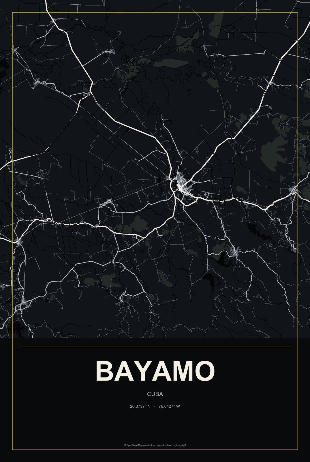 Bayamo, Cuba City Map Aluminum Sign in Metropolitan Noir style