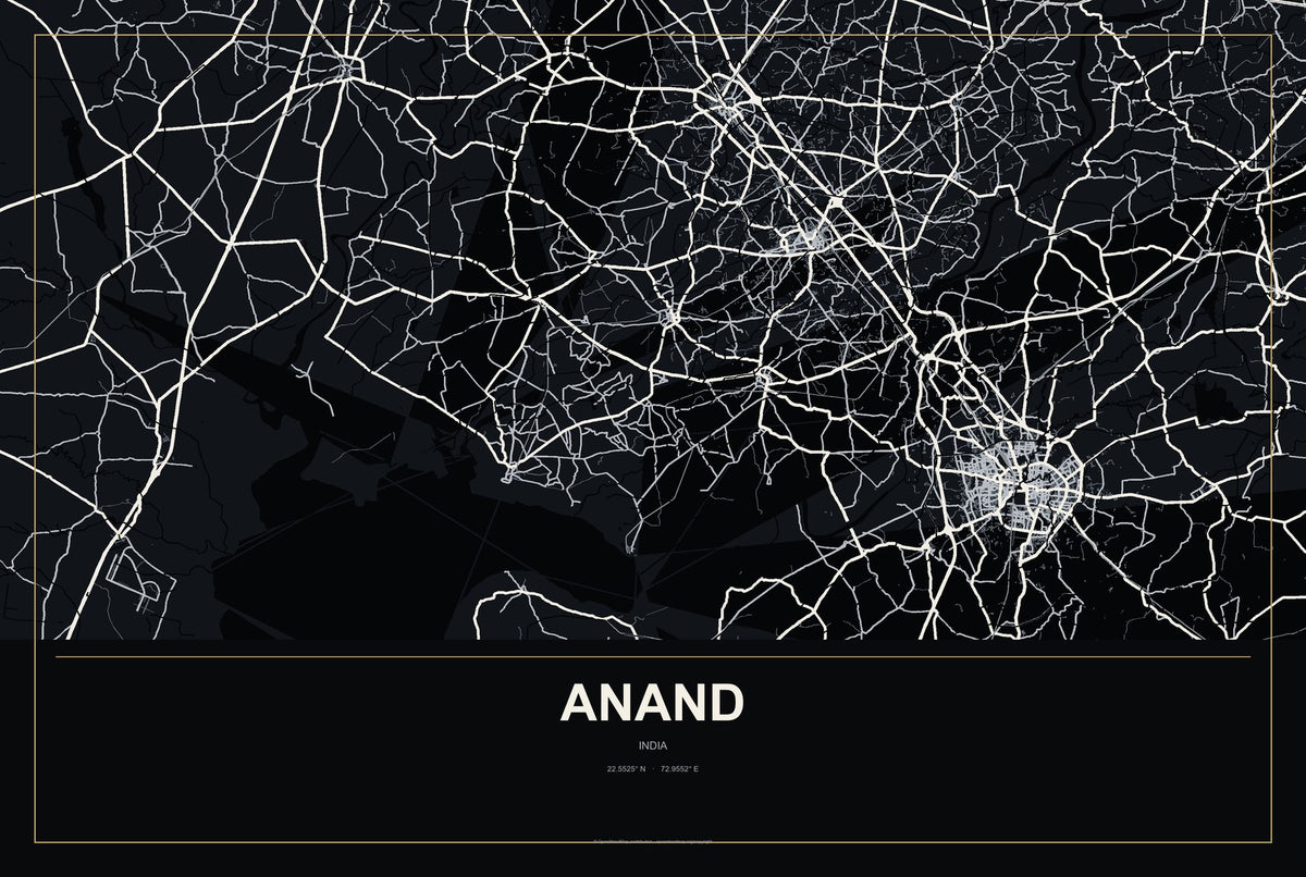 Anand, India City Map Aluminum Sign in Metropolitan Noir style