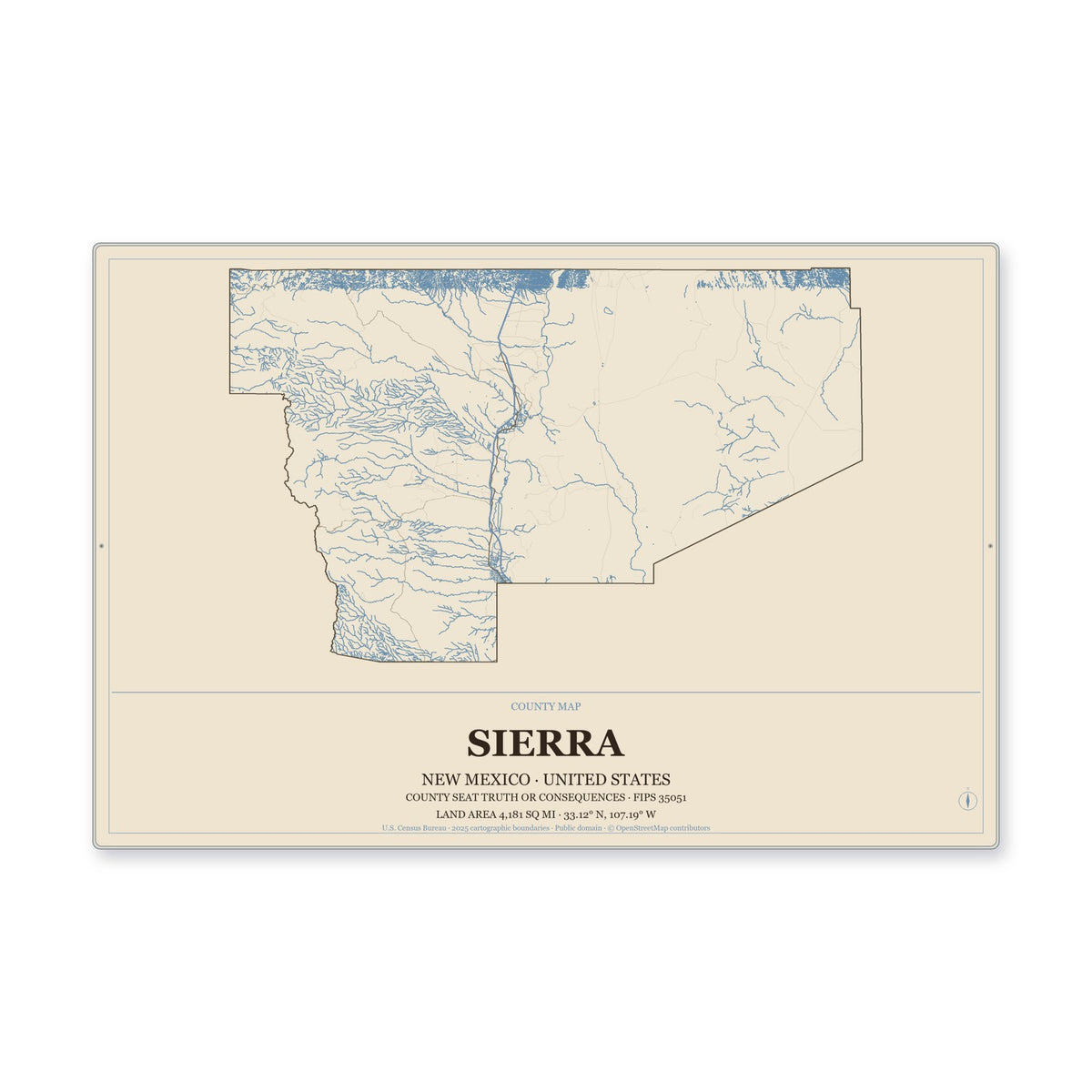 Sierra County, New Mexico Map Aluminum Sign in Heritage Nautical style