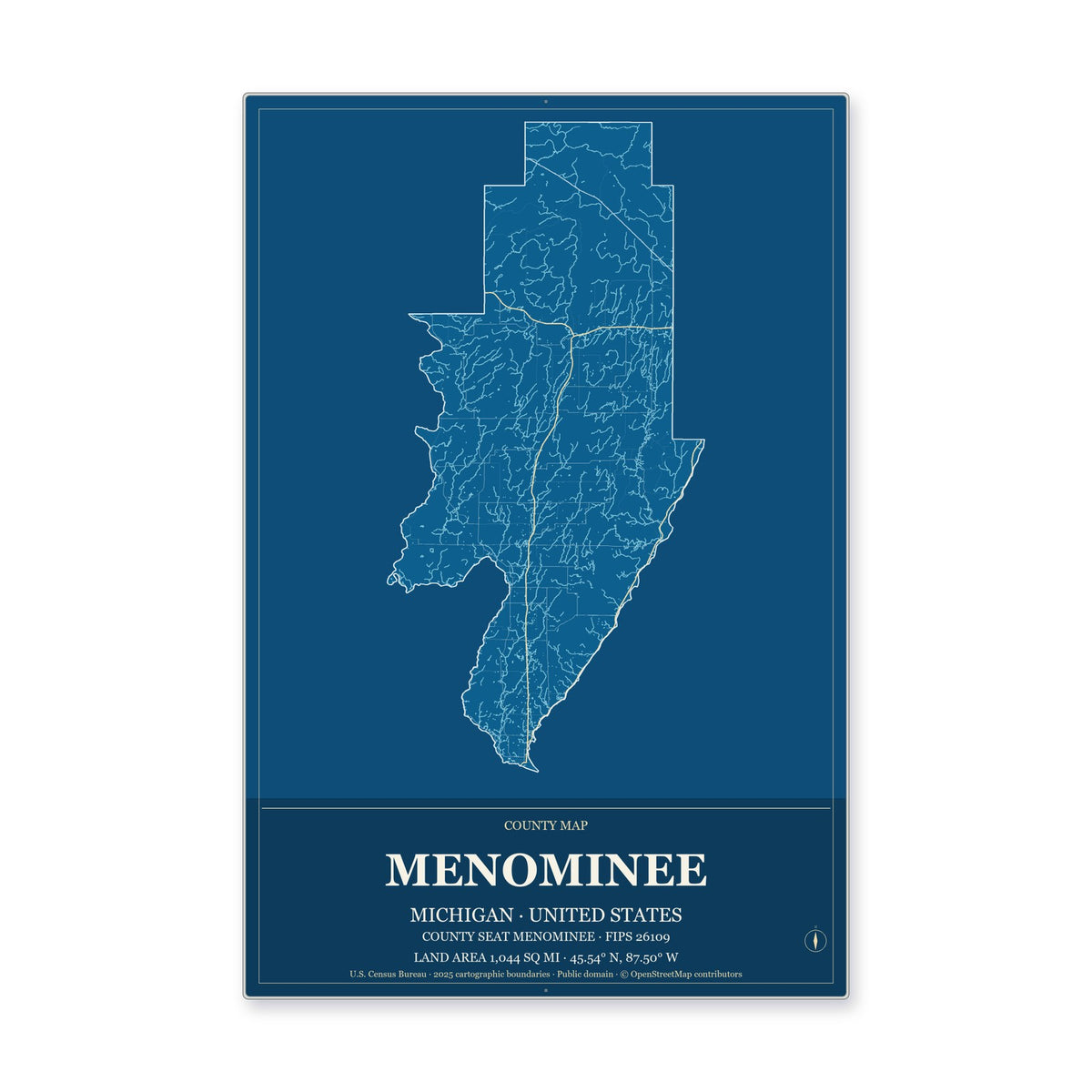 Menominee County, Michigan Map Aluminum Sign in Harbor Cobalt style
