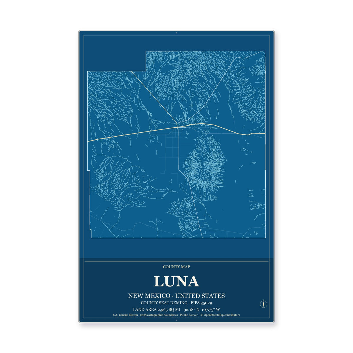 Luna County, New Mexico Map Aluminum Sign in Harbor Cobalt style