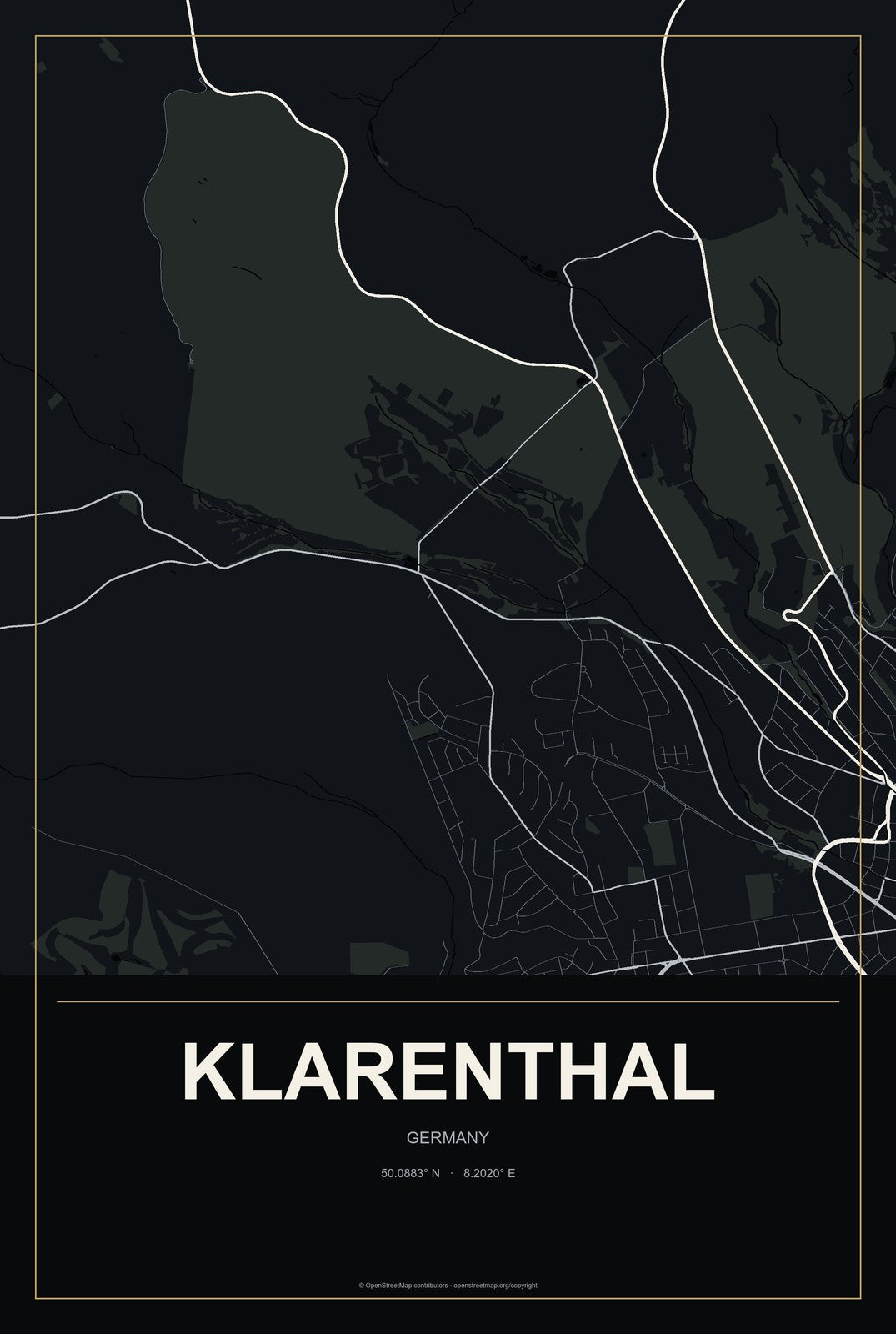 Klarenthal, Germany City Map Aluminum Sign in Metropolitan Noir style