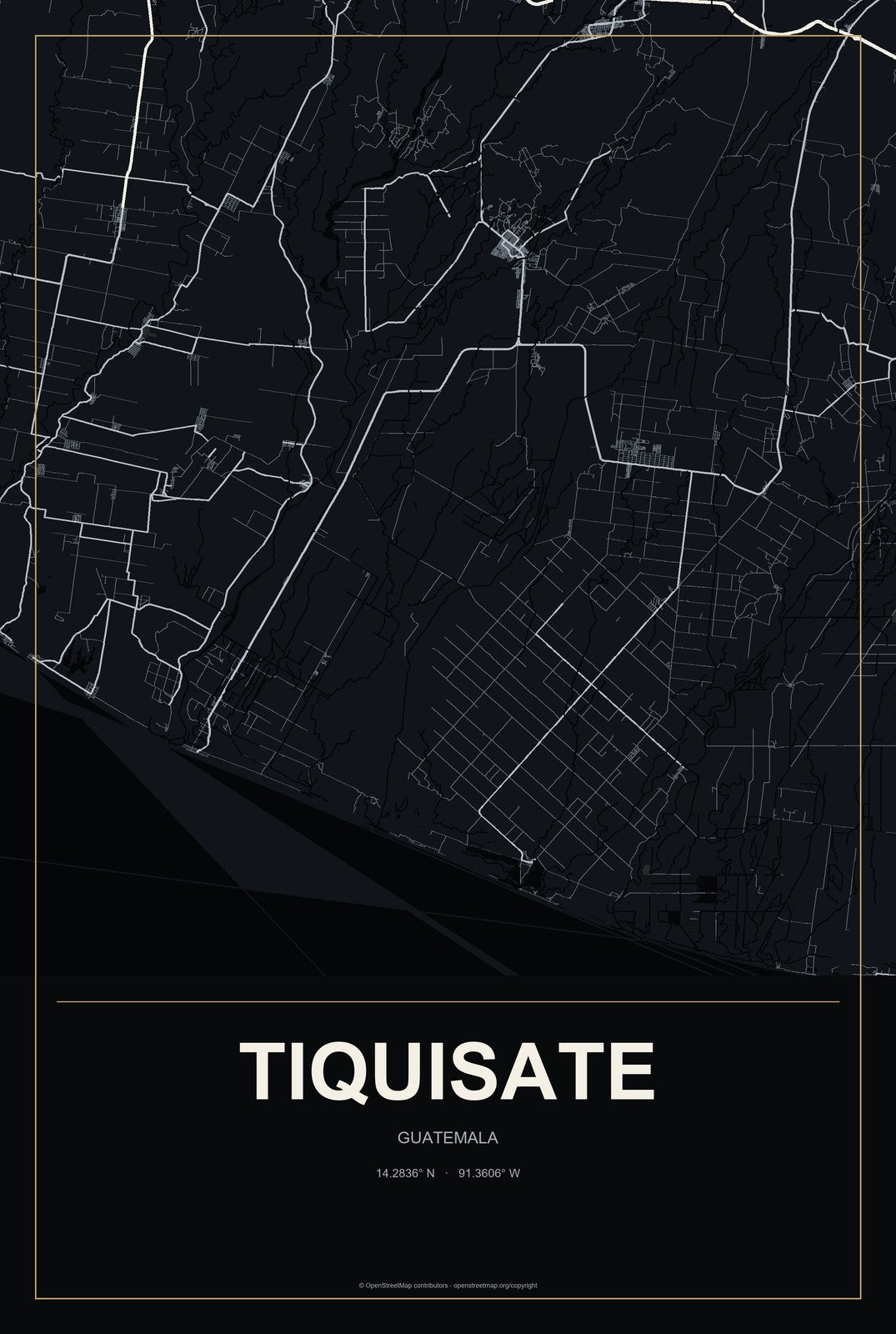 Tiquisate, Guatemala City Map Aluminum Sign in Metropolitan Noir style