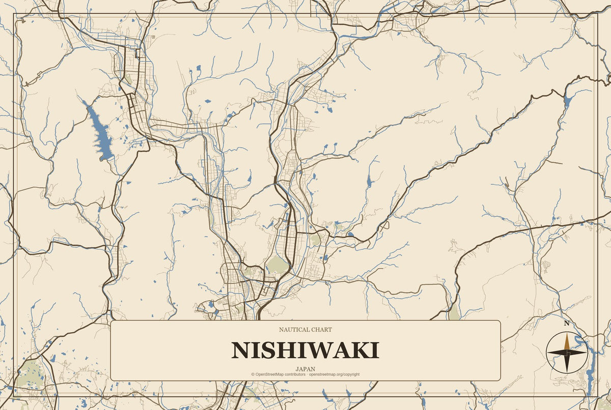 Nishiwaki, Japan City Map Aluminum Sign in Heritage Nautical style