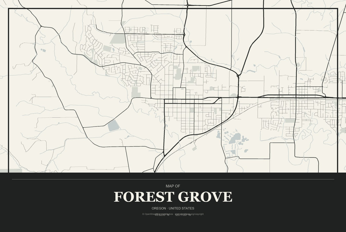 Forest Grove, Oregon City Map Aluminum Sign in Museum Plaque style