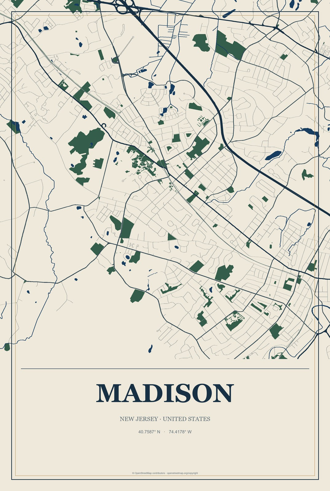 Madison, New Jersey City Map Aluminum Sign in Coastal Cutout style