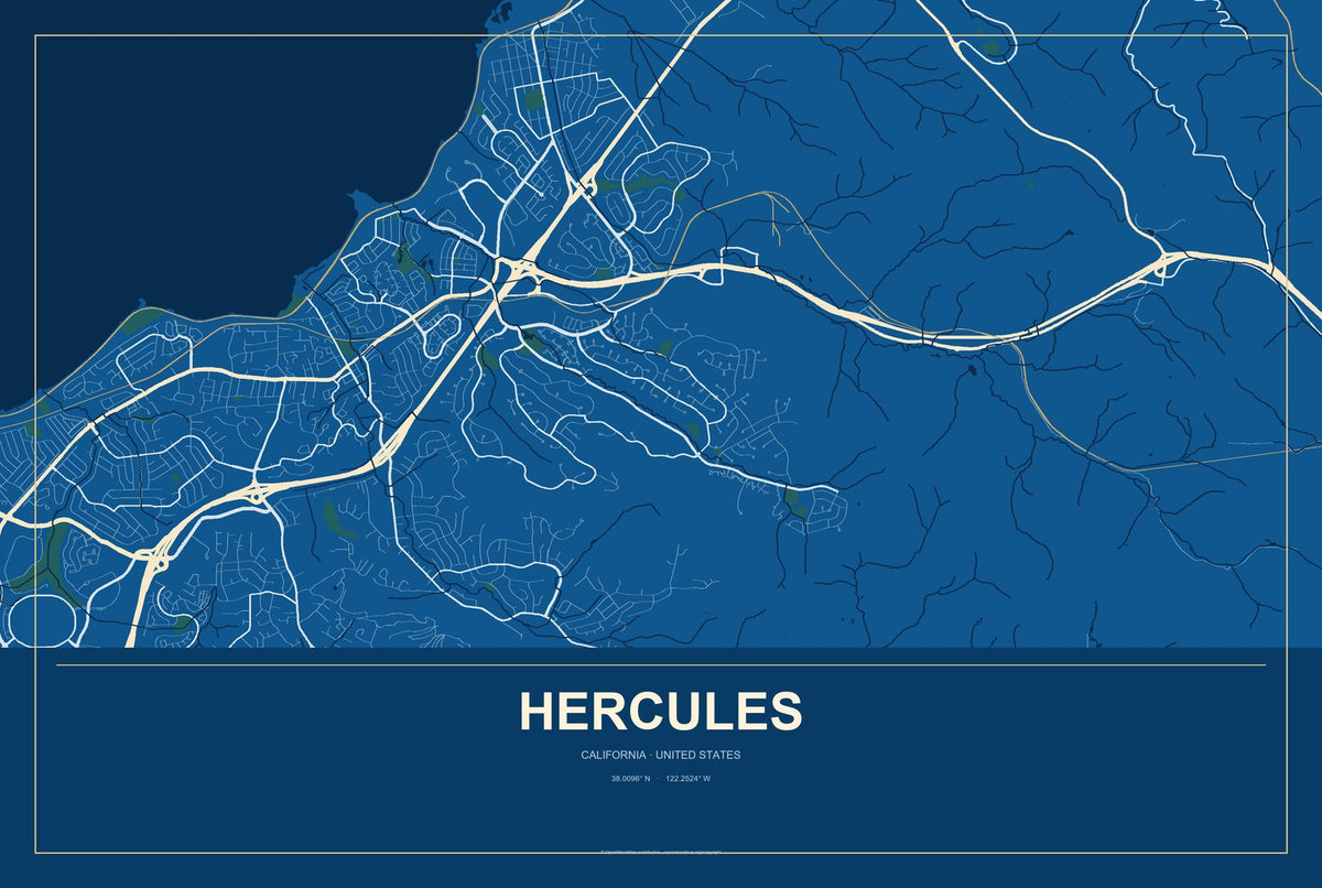 Hercules, California City Map Aluminum Sign in Harbor Cobalt style